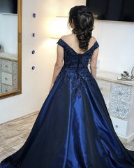 Navy Blue Satin Ball Gowns Quinceanera Dresses Lace Appliques