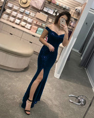 Sparkle Sequin Mermaid Dresses Off Shoulder Leg Slit