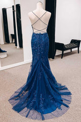 Navy Appliques Lace-Up Back Mermaid Long Prom Dress with Slit TP1188