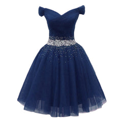 Navy Beaded Sweetheart Off Shoulder Tulle Homecoming Dress, New Style Short Prom Dresses