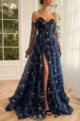 Navy Blue A-Line Strapless Long Sleeves Lace Prom Dresses with High Slit