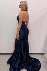 Navy Blue Halter Mermaid Long Prom Dress with Slit TP1283