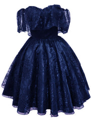 Navy Blue Lace Short Off Shoulder Prom Dress Party Dress, Blue Lace Homecoming Dresses
