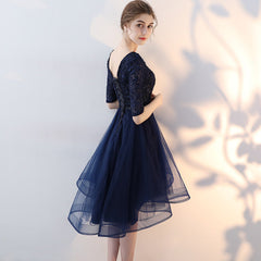 Navy Blue Lace and Tulle Short Sleeves Homecoming Dress Party Dress, Round Neckline Prom Dresses