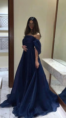 Navy Blue Organza A-line Evening Prom Dresses,AST1675