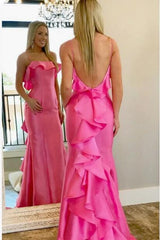 Navy Blue Satin Prom Dresses With Ruffles Spaghetti Straps Long Formal Gown