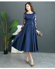 Navy Blue Satin Tea Length with Lace Long Sleeves Bridesmaid Dress, Blue Short Party Dress
