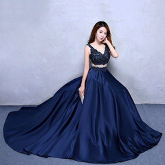 Navy Blue Satin with Lace Beaded Long Junior Prom Dress, Blue Satin Party Dresses
