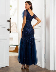 Navy blue sequin fish tail mother of the bride dress