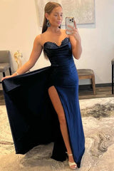 Navy Blue Sweetheart Sheath Long Prom Dress Party Dresses TP1253