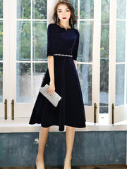 Navy Blue Velvet Knee Length Simple Bridesmaid Dresses, Short Blue Velvet Prom Dresses with Beadings