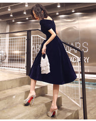 Navy Blue Velvet Tea Length V-neckline Party Dress, Navy Blue Bridesmaid Dress Party Dress