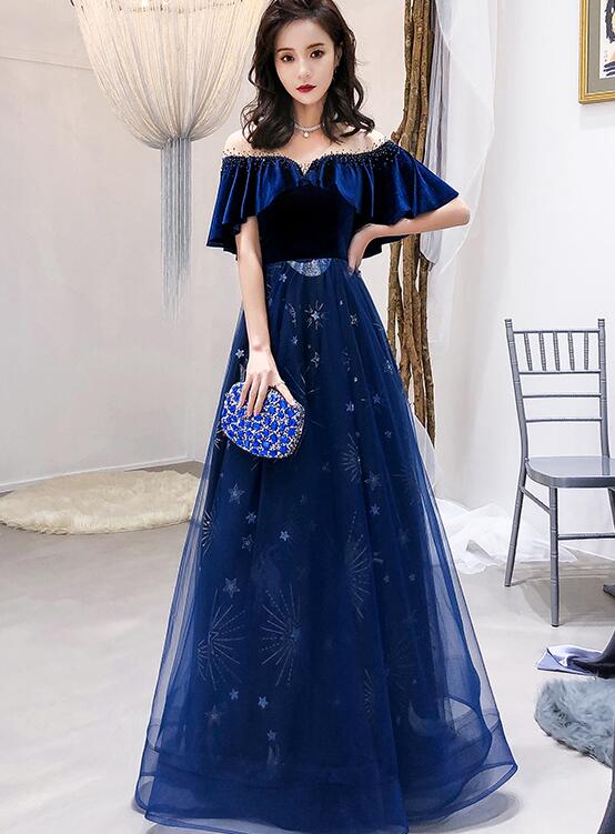 Navy Blue Velvet and Tulle Floor Length Evening Dress Party Dress, Blue Junior Prom Dresses