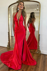 Navy Halter Neck Mermaid Satin Long Corset Prom Dress with Slit