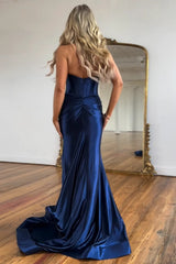 Navy Halter Neck Mermaid Satin Long Corset Prom Dress with Slit