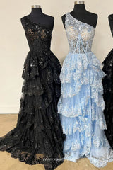 Navy Sequined Lace Applique One Shoulder Tiered A-line Prom Dresses, CP1119
