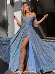 Navy Shiny Satin Off The Shoulder Side Slit Popular Prom Dresses, CP0833