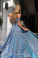 Navy Shiny Satin Off The Shoulder Side Slit Popular Prom Dresses, CP0833