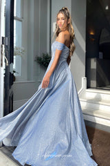 Navy Shiny Satin Off The Shoulder Side Slit Popular Prom Dresses, CP0833
