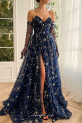 Navy Starry Night Glitter Tulle Strapless With Long Gloves A-line Prom Dresses, CP0984