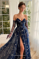 Navy Starry Night Glitter Tulle Strapless With Long Gloves A-line Prom Dresses, CP0984