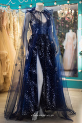 Navy Starry Night With Shawl High Site Prom Dresses, CP0691