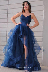 Navy Tulle Ruffles High Low Spaghetti Strap Senior Prom Dresses, CP0982
