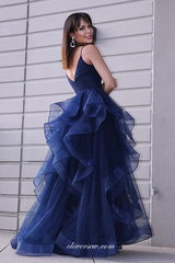 Navy Tulle Ruffles High Low Spaghetti Strap Senior Prom Dresses, CP0982
