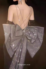 Navy Velvet Sheath With Shiny Bow Train Backless Evening Dresses, CP0796