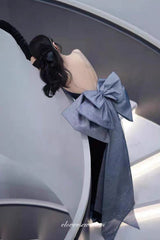 Navy Velvet Sheath With Shiny Bow Train Backless Evening Dresses, CP0796