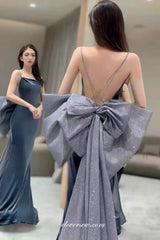 Navy Velvet Sheath With Shiny Bow Train Backless Evening Dresses, CP0796