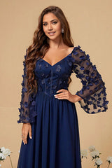 A Line Corset Long Navy Corset Mother of the Bride Dresses With Long Sleeves