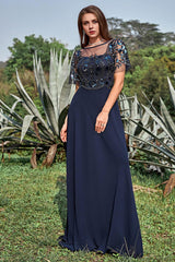 Sheath Round Neck Appliques Sequin Floor Length Dress