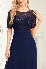 Champagne A Line Sequins Tulle Floor-Length Dress with Bat Sleeves