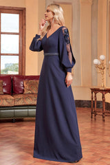 A-Line Long Sleeves Floor Length Mother of the Bride Dresses with Beading