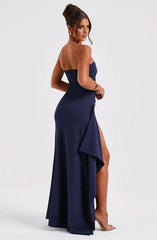 Sexy Navy A-line Off The Shoulder Ruffled Front Slit Long Formal Prom Dress