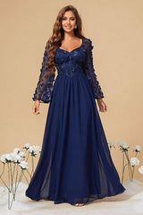 A Line Corset Long Navy Corset Mother of the Bride Dresses With Long Sleeves