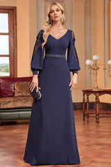 A-Line Long Sleeves Floor Length Mother of the Bride Dresses with Beading