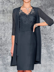 Two Piece Ruffle Chiffon Mother of the Bride Outfit Lace Short Wedding Guest Dress