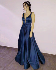 Long Satin V-neck Prom Dresses Backless Evening Gowns