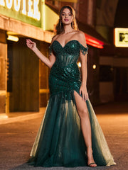 Off-the-shoulder Sequined Mermaid Maxi Dress with Train Dark Green