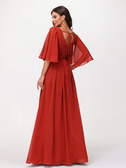 Deep V-neck Chiffon Dresses with Slit Rust