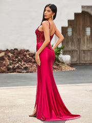 Corset Bodice High Slit Satin Gown Burgundy
