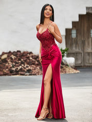 Corset Bodice High Slit Satin Gown Burgundy