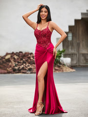 Corset Bodice High Slit Satin Gown Burgundy