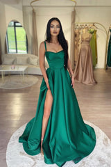 New Satin Emerald Green Prom Dress Long A-Line Evening Dresses