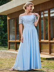 Off-shoulder Short Sleeve Lace A-line Long Gown Sky Blue