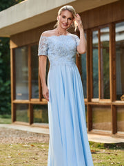 Off-shoulder Short Sleeve Lace A-line Long Gown Sky Blue