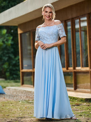 Off-shoulder Short Sleeve Lace A-line Long Gown Sky Blue