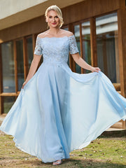 Off-shoulder Short Sleeve Lace A-line Long Gown Sky Blue